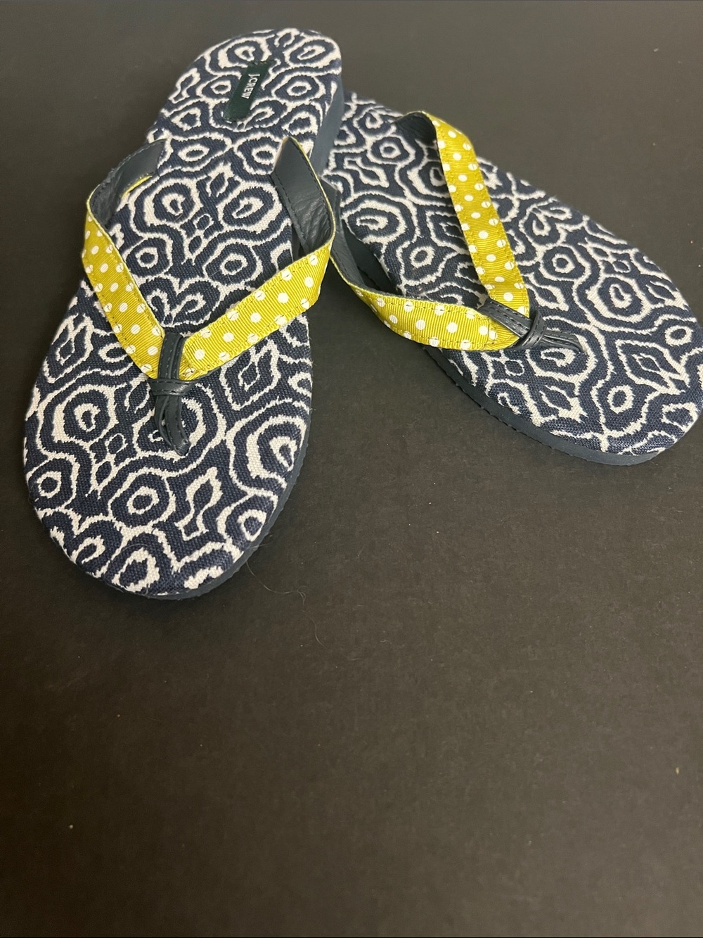 JCrew Navy Pattern Flip Flops with Yellow Polka Dot Straps